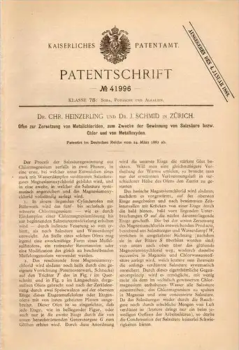 Original Patentschrift - Dr. C. Heinzerling und Dr. J. Schmid in Zürich ,1887, Ofen zur Gewinnung von Salzsäure , Chemie