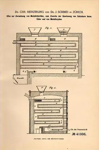 Original Patentschrift - Dr. C. Heinzerling und Dr. J. Schmid in Zürich ,1887, Ofen zur Gewinnung von Salzsäure , Chemie