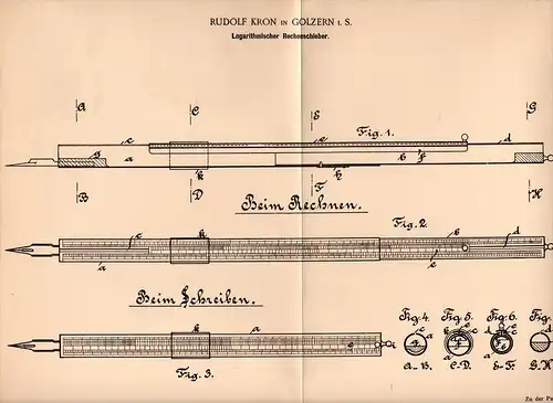 Original Patentschrift - R. Kron in Golzern - Grimma i.S. ,1902 , logarithmischer Rechenschieber , Mathematik , Schule !