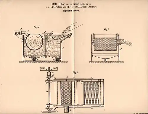 Original Patentschrift - R. Haas in Gemünd b. Schleiden / Eifel , 1900 , Papier - Sortierer , L. Zeyen i.. Raguhn !!!