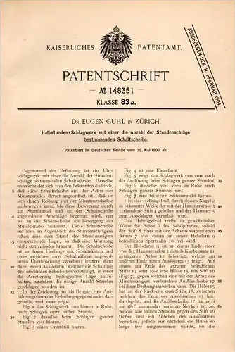 Original Patentschrift - Dr. Eugen Guhl in Zürich , 1902 , Schlagwerk für Uhren , Uhr , Uhrmacher !!!