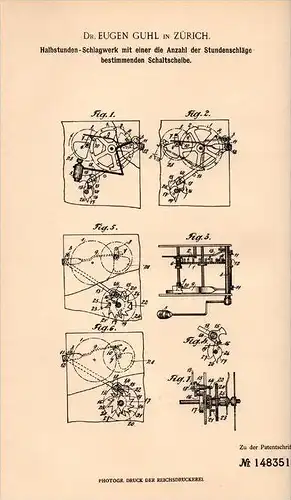 Original Patentschrift - Dr. Eugen Guhl in Zürich , 1902 , Schlagwerk für Uhren , Uhr , Uhrmacher !!!