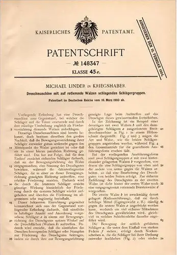 Original Patentschrift - M. Linder in Kriegshaber b. Augsburg , 1903 , Dreschmaschine mit Walzen , Landwirtschaft !!!