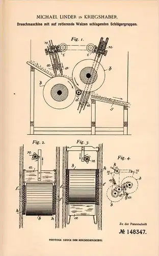 Original Patentschrift - M. Linder in Kriegshaber b. Augsburg , 1903 , Dreschmaschine mit Walzen , Landwirtschaft !!!