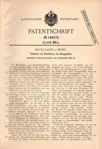 Original Patentschrift - Hugo Lauer in Wesel a.Rh., 1902 , Belagplatten - Herstellung , Platten , Bodenbelag !!!