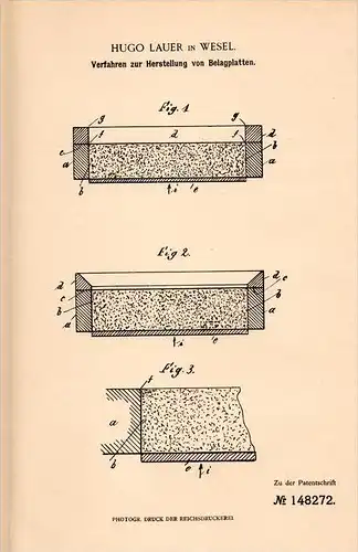 Original Patentschrift - Hugo Lauer in Wesel a.Rh., 1902 , Belagplatten - Herstellung , Platten , Bodenbelag !!!