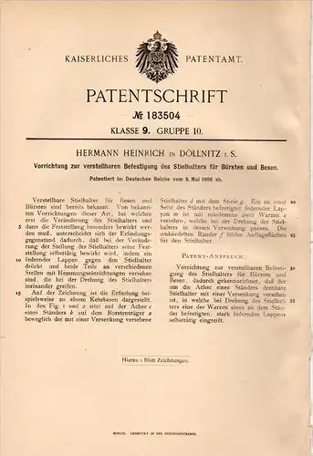 Original Patentschrift - H. Heinrich in Döllnitz b. Schkopau i.S., 1906 , Apparat für Bürsten und Besen !!!