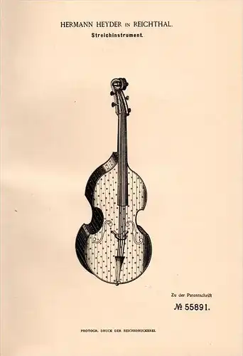 Original Patentschrift - H.Heyder in Reichthal / Rychtal i. Schlesien , 1890 , Streichinstrument , Geige , Violine !!!