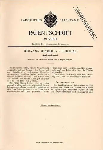 Original Patentschrift - H.Heyder in Reichthal / Rychtal i. Schlesien , 1890 , Streichinstrument , Geige , Violine !!!