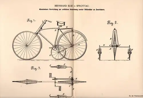 Original Patentschrift - B. Else in Sprottau / Szprotawa , 1890 , Fahrrad mit Stützrädern , vélo , bicycle !!!