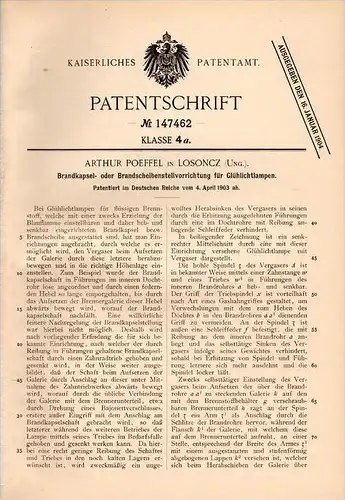 Original Patentschrift - A. Poeffel in Losonc / Lu&#269;enec , 1903 , Brandkapsel für Lampen , Ungarn !!!