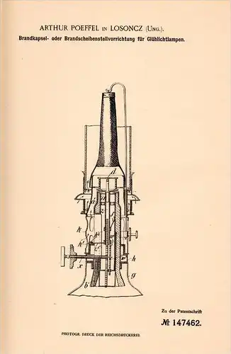 Original Patentschrift - A. Poeffel in Losonc / Lu&#269;enec , 1903 , Brandkapsel für Lampen , Ungarn !!!