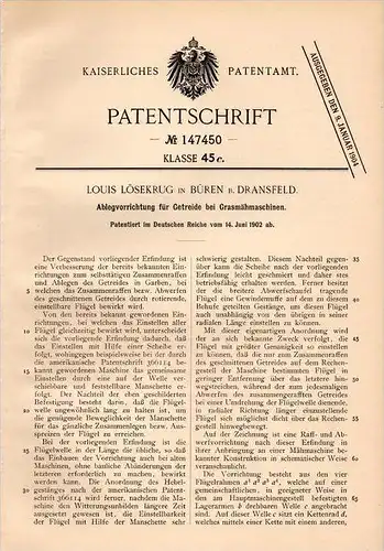 Original Patentschrift - L. Lösekrug in Bühren b. Dransfeld , 1902 , Apparat für Getreide - Mähmaschine , Landwirtschaft