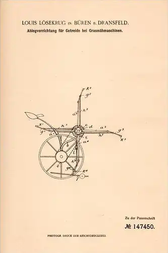 Original Patentschrift - L. Lösekrug in Bühren b. Dransfeld , 1902 , Apparat für Getreide - Mähmaschine , Landwirtschaft