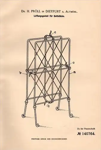 Original Patentschrift - Dr. H. Pröll in Dietfurt a. Altmühl , 1902 , Lüftungsgestell für Betten , Bett !!!