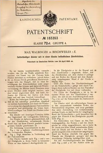 Original Patentschrift -M. Walbinger in Bischweiler i.E.,1905, Igniter pistolet, fusil, munitions, Bischwiller i. Elsass