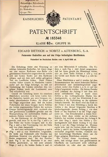 Original Patentschrift - E. Dietrich in Nobitz b. Altenburg , 1906 , federnder Radreifen , Reifen , Rad !!!