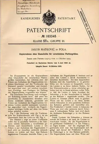 Original Patentschrift - J. Matkovic in Pola , 1906 , Apparat für Photographie , Rahmen für Platten , Photo !!!