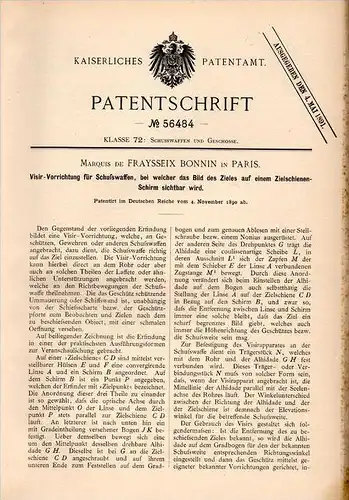 Original Patentschrift - Marquis de Fraysseix Bonnin à Paris , 1890 , Vue de fusil, pistolet, fusil , pistol !!