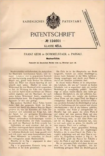 Original Patentschrift - F. Keim in Dommelstadl b. Passau , 1900 , Falle für Maulwurf  !!!