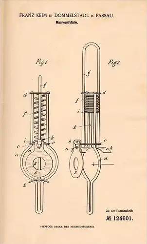Original Patentschrift - F. Keim in Dommelstadl b. Passau , 1900 , Falle für Maulwurf  !!!