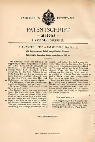 Original Patentschrift - A. Heise in Falkenberg b. Halle , 1906 , Hebel als Türheber , Fenster und Türenbau !!!