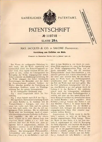 Original Patentschrift - Max Jaques in Salomé , 1900 , Appareil destiné à dégraisser la laine !!!