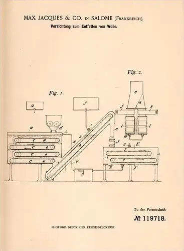 Original Patentschrift - Max Jaques in Salomé , 1900 , Appareil destiné à dégraisser la laine !!!
