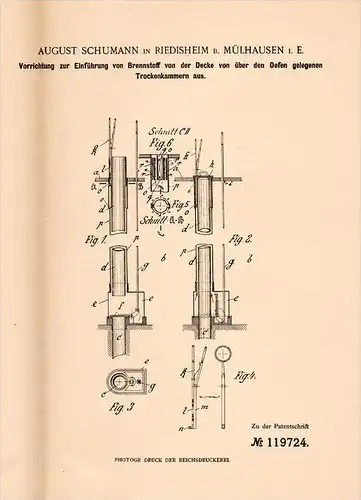 Original Patentschrift -A. Schumann à Riedisheim avec Mulhouse ,1900, Fourniture de combustible pour des fours à briques