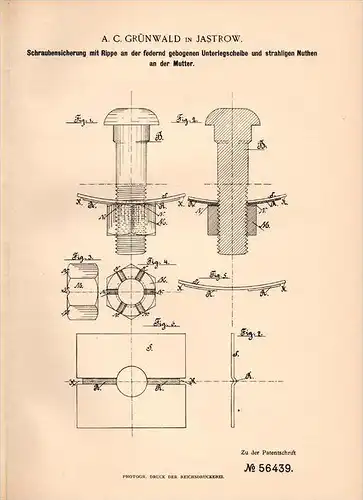 Original Patentschrift - A.C. Grünwald in Jastrow , 1890 , Schraubensicherung , Schrauben , Jastrowie !!!