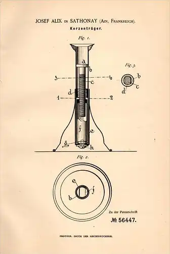 Original Patentschrift - Josef Alix in Sathonay - Village , 1890 , Bougeoir, bougie , candlestick !!!