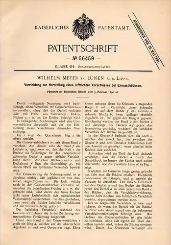 Original Patentschrift - W. Meyer in Lünen a.d. Lippe , 1890 , luftdichter Verschluß für Conservenbüchsen , Konserven !!