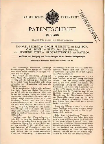Original Patentschrift - E. Pechnik in Groß Peterwitz b. Ratibor , 1890, Zuckerreinigung, Pietrowice Wielkie , Racibórz