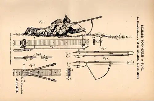 Original Patentschrift - R. Bornmüller in Suhl i.Th., 1890 , Gewehrstütze , Gewehr , Reichswehr , Wehrmacht , Heer !!!