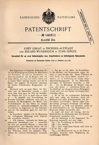 Original Patentschrift - J. Limlay in Karlsbad und Turn - Teplitz , 1901 , Halswäsche , Wäsche , Teplice , Karlovy Vary