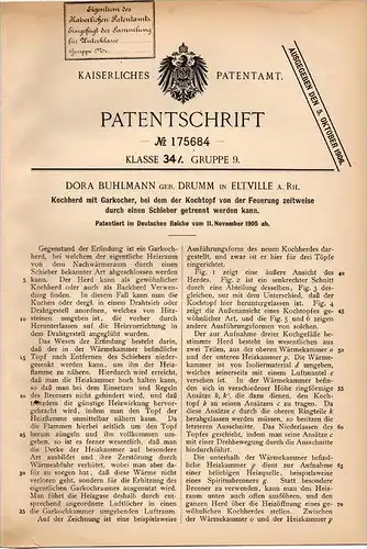 Original Patentschrift - D. Buhlmann in Eltville a. Rh., 1905 , Kochherd mir Garkocher , Herd , Küche , Koch !!!
