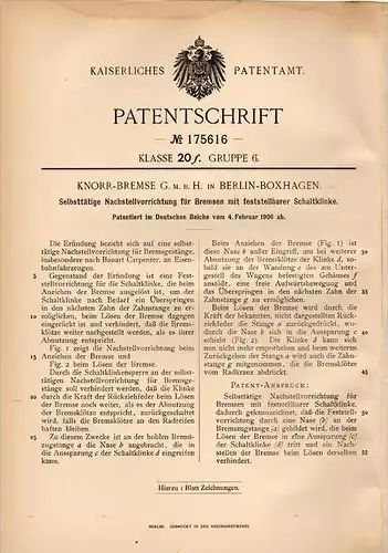 Original Patentschrift - Knorr-Bremse GmbH in Berlin - Boxhagen ,1906, Nachsteller für Bremse , Carpenter , Eisenbahn !!