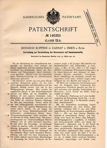Original Patentschrift - H. Koppers in Carnap b. Essen , 1901 , Gas - Verarbeitung , Ammoniak , Schwefelsäure !!!