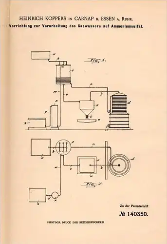 Original Patentschrift - H. Koppers in Carnap b. Essen , 1901 , Gas - Verarbeitung , Ammoniak , Schwefelsäure !!!