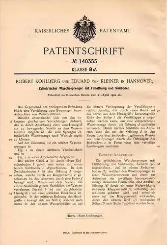 Original Patentschrift - R. Kohlberg und E. von Kleiner in Hannover , 1902 , Wäschesprenger , Wäsche , Wäscherei  !!!