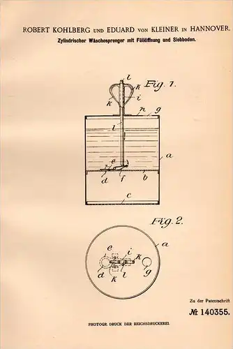 Original Patentschrift - R. Kohlberg und E. von Kleiner in Hannover , 1902 , Wäschesprenger , Wäsche , Wäscherei  !!!