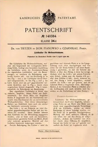 Original Patentschrift - Dr. von Tietzen in Pianowko b. Czarnikau / Czarnków , 1902 , Halter für Weihnachtsbaum !!!