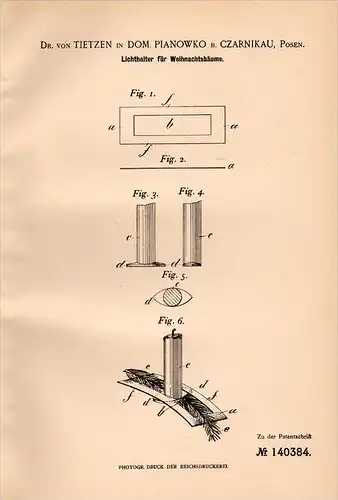 Original Patentschrift - Dr. von Tietzen in Pianowko b. Czarnikau / Czarnków , 1902 , Halter für Weihnachtsbaum !!!