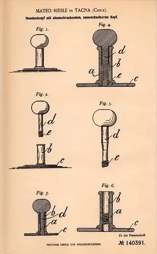 Original Patentschrift - Mateo Riesle in Tacna , Chile , 1901 , schraubbarer Knopf für Hemd , Kleidung !!!