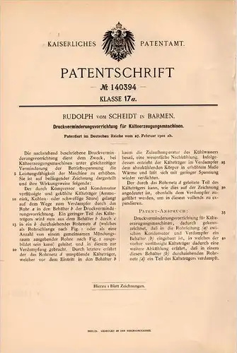 Original Patentschrift - R. vom Scheidt in Barmen , 1902 , Apparat für Kätemaschine , Klimaanlage , Kühlung !!!