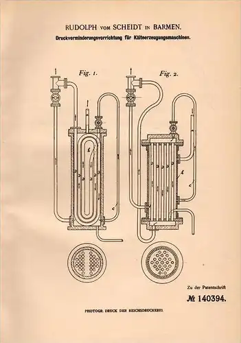 Original Patentschrift - R. vom Scheidt in Barmen , 1902 , Apparat für Kätemaschine , Klimaanlage , Kühlung !!!