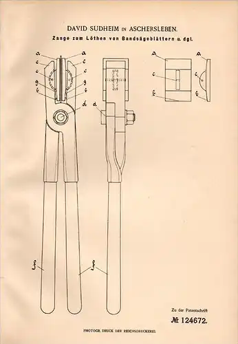 Original Patentschrift -D. Sudheim in Aschersleben ,1900,Lötzange für Sägeblätter , Säge , Löten , Sägewerk , Tischlerei