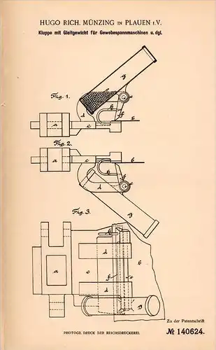 Original Patentschrift - H. Münzing in Plauen i.V. , 1902 , Kluppe für Gewebe - Spannmaschine !!!