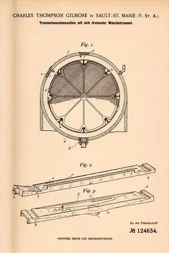 Original Patentschrift - Ch. Gilmore in Sault Ste Marie , 1900 , drum washing machine , Ontario !!!