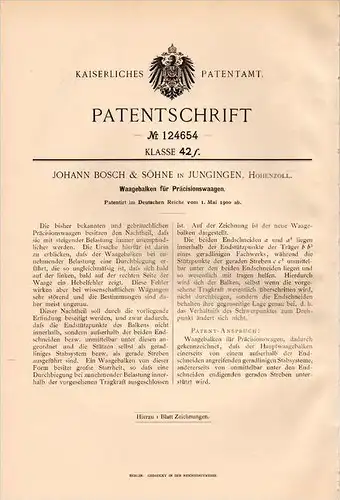 Original Patentschrift - J. Bosch in Jungingen b. Hechingen , 1900 , Präcisionswaage - Waagebalken , Waage !!!